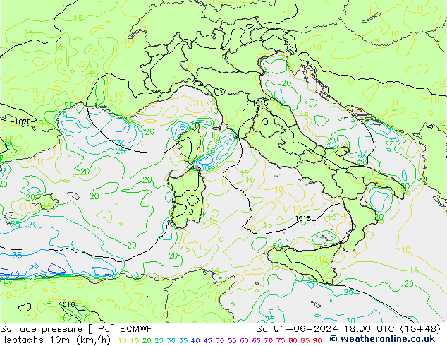 Isotaca (kph) ECMWF sáb 01.06.2024 18 UTC