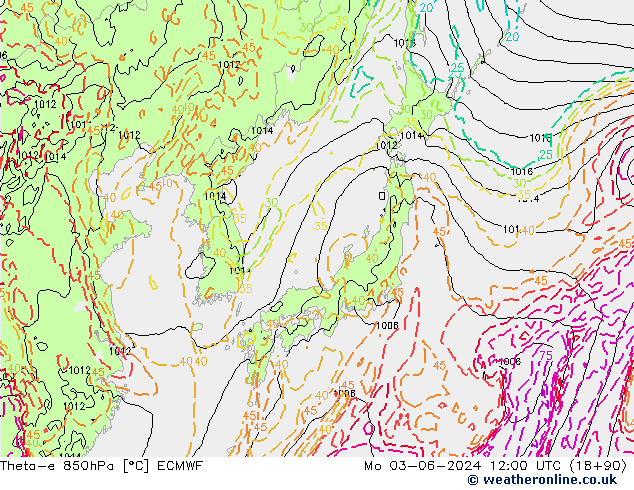 Theta-e 850hPa ECMWF Pzt 03.06.2024 12 UTC