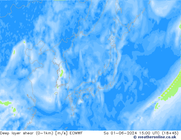 Deep layer shear (0-1km) ECMWF so. 01.06.2024 15 UTC