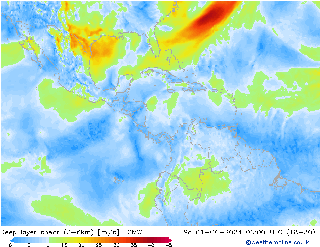 Deep layer shear (0-6km) ECMWF za 01.06.2024 00 UTC