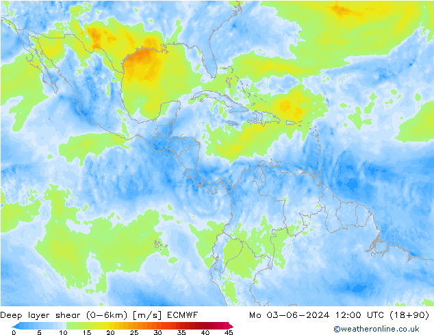 Deep layer shear (0-6km) ECMWF Seg 03.06.2024 12 UTC