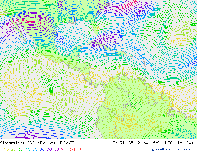 Linia prądu 200 hPa ECMWF pt. 31.05.2024 18 UTC
