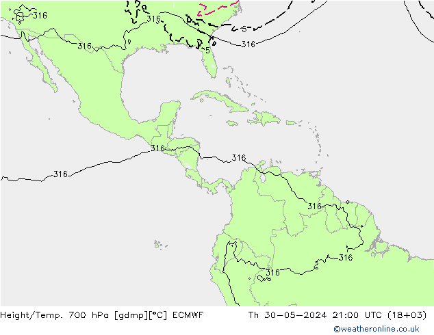 Height/Temp. 700 hPa ECMWF gio 30.05.2024 21 UTC