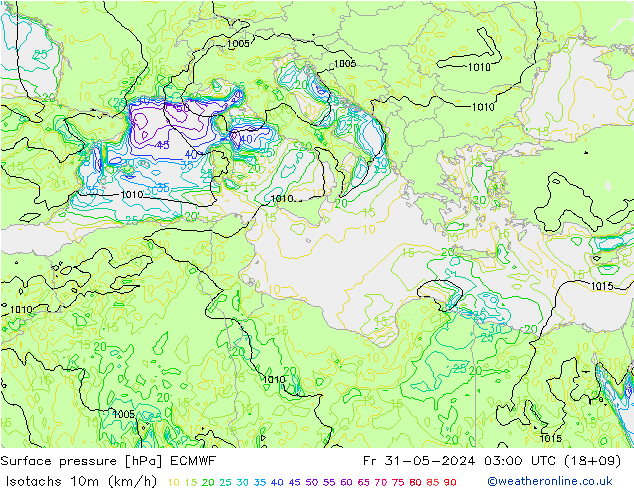 Eşrüzgar Hızları (km/sa) ECMWF Cu 31.05.2024 03 UTC