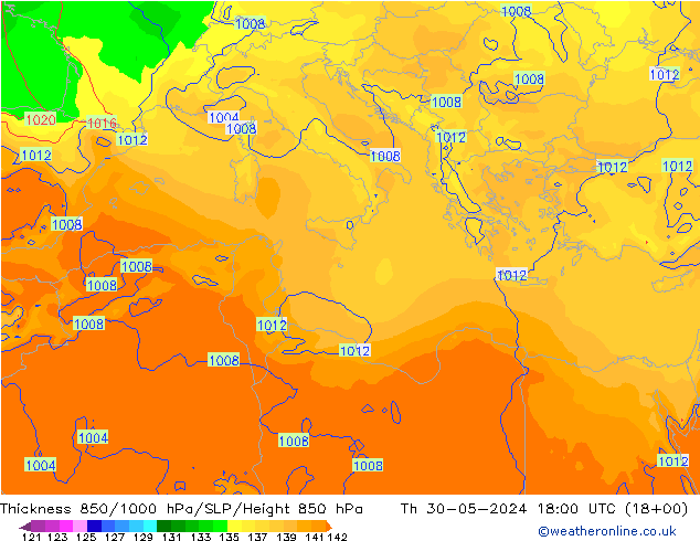 Espesor 850-1000 hPa ECMWF jue 30.05.2024 18 UTC