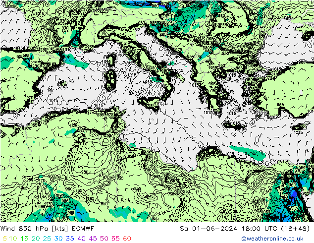 Wind 850 hPa ECMWF za 01.06.2024 18 UTC