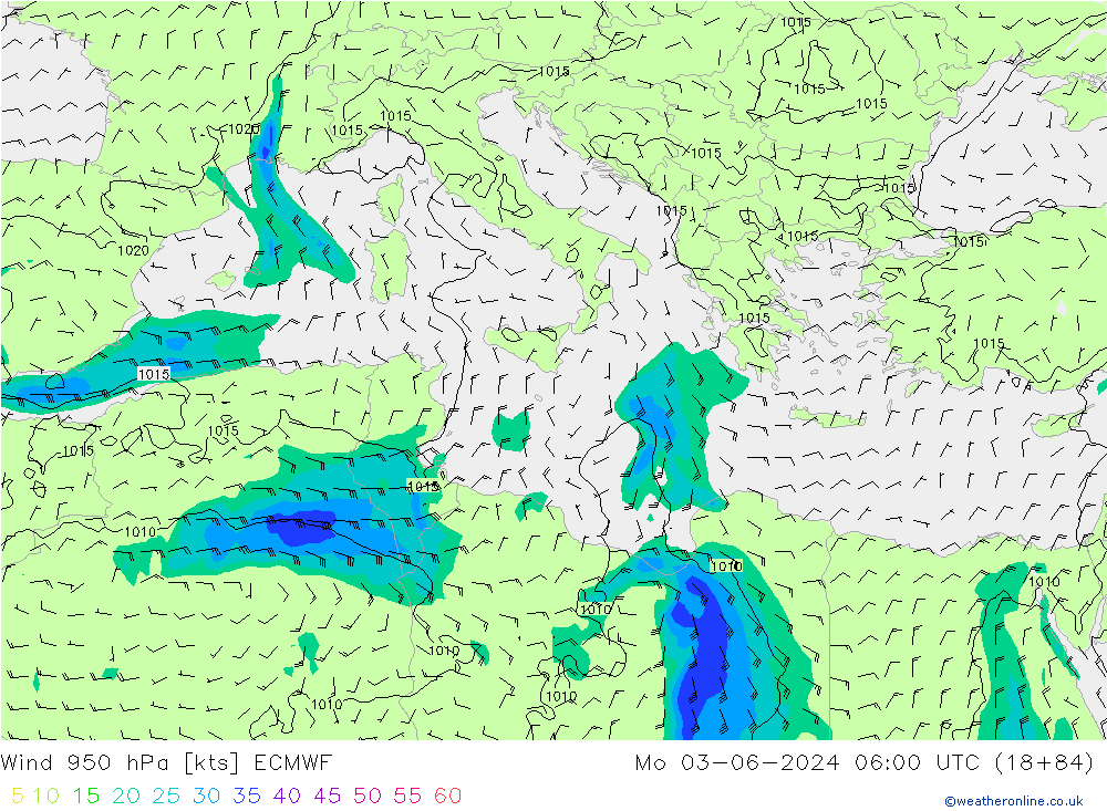 Vento 950 hPa ECMWF lun 03.06.2024 06 UTC