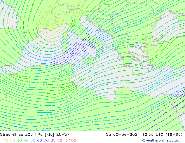 Streamlines 200 hPa ECMWF Su 02.06.2024 12 UTC