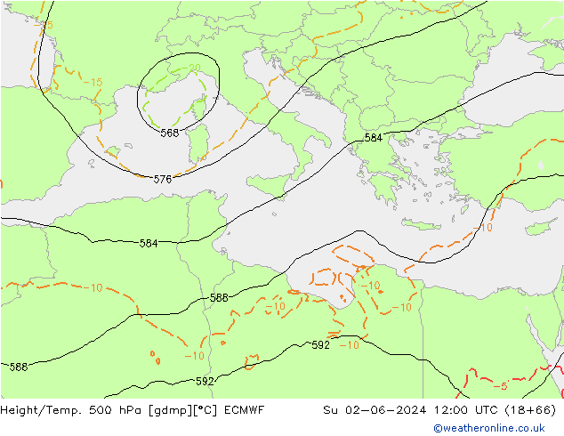 Height/Temp. 500 hPa ECMWF So 02.06.2024 12 UTC