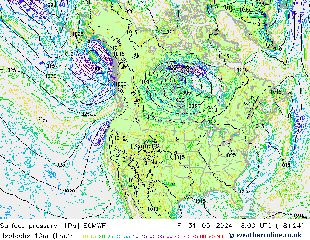 Izotacha (km/godz) ECMWF pt. 31.05.2024 18 UTC