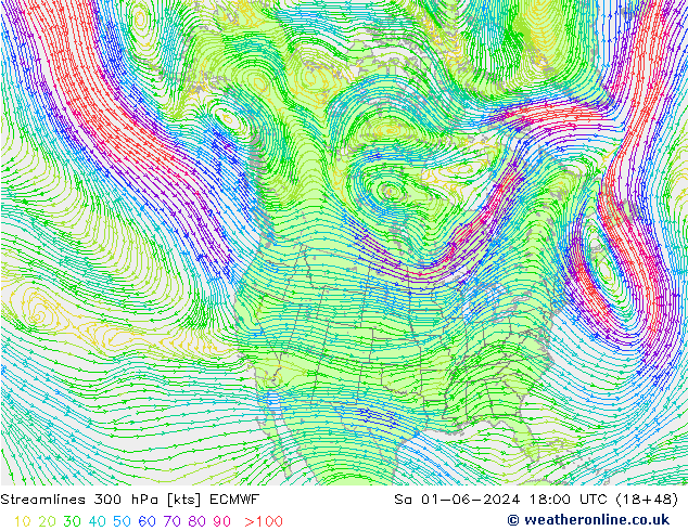 Streamlines 300 hPa ECMWF Sa 01.06.2024 18 UTC