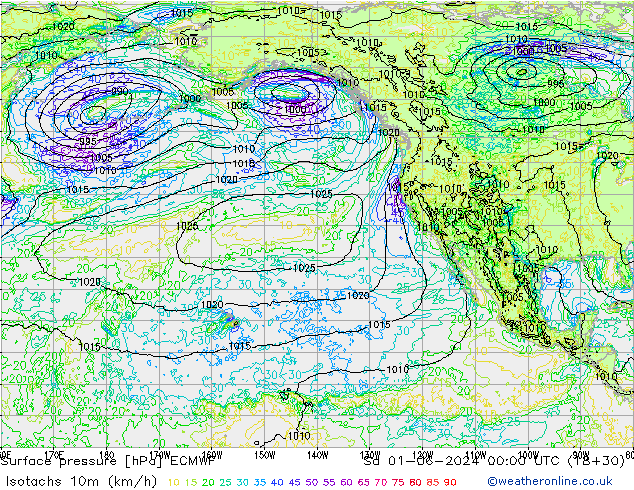 Isotachs (kph) ECMWF sam 01.06.2024 00 UTC