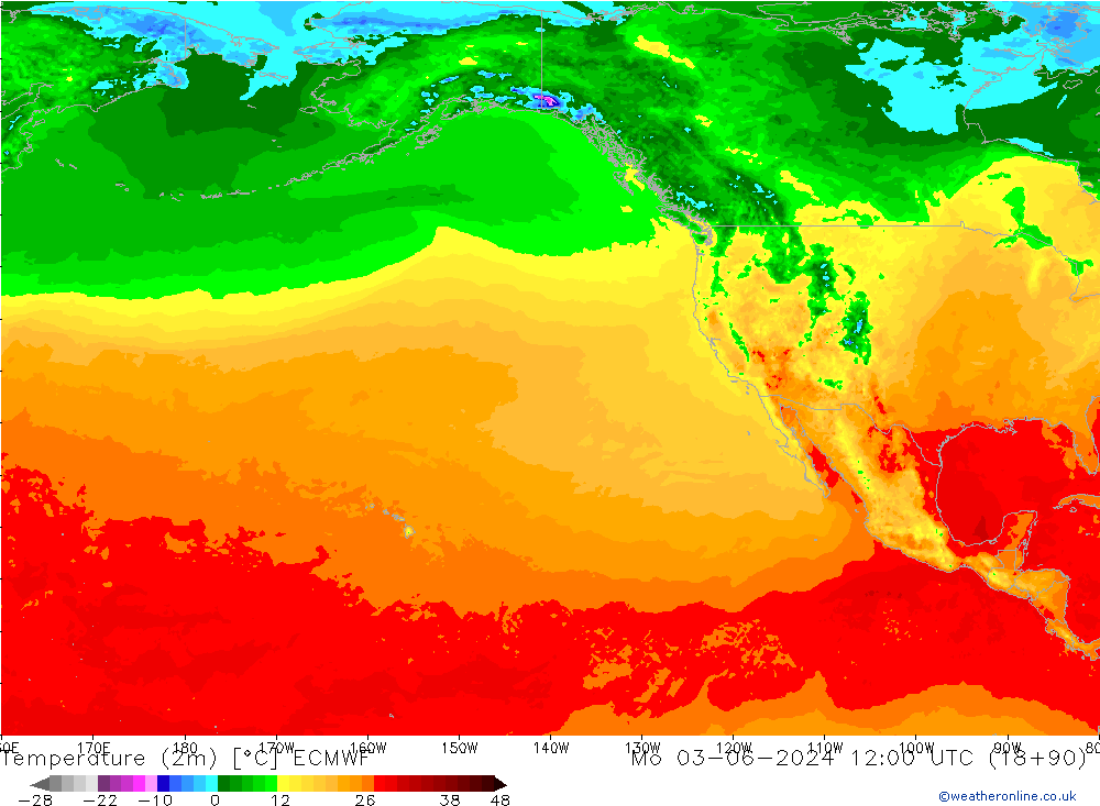 mapa temperatury (2m) ECMWF pon. 03.06.2024 12 UTC