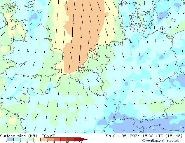 Bodenwind (bft) ECMWF Sa 01.06.2024 18 UTC