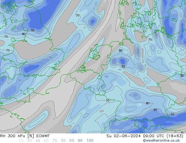 Humidité rel. 300 hPa ECMWF dim 02.06.2024 09 UTC
