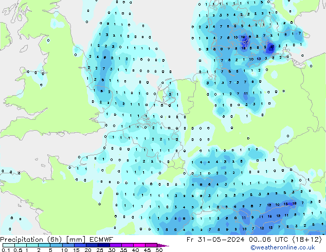 Totale neerslag (6h) ECMWF vr 31.05.2024 06 UTC