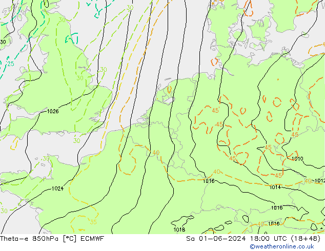 Theta-e 850hPa ECMWF Sa 01.06.2024 18 UTC