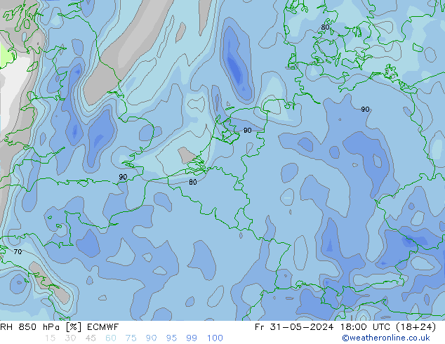RH 850 гПа ECMWF пт 31.05.2024 18 UTC