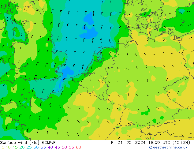 Viento 10 m ECMWF vie 31.05.2024 18 UTC