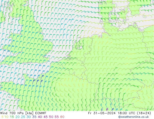 Vento 700 hPa ECMWF Sex 31.05.2024 18 UTC