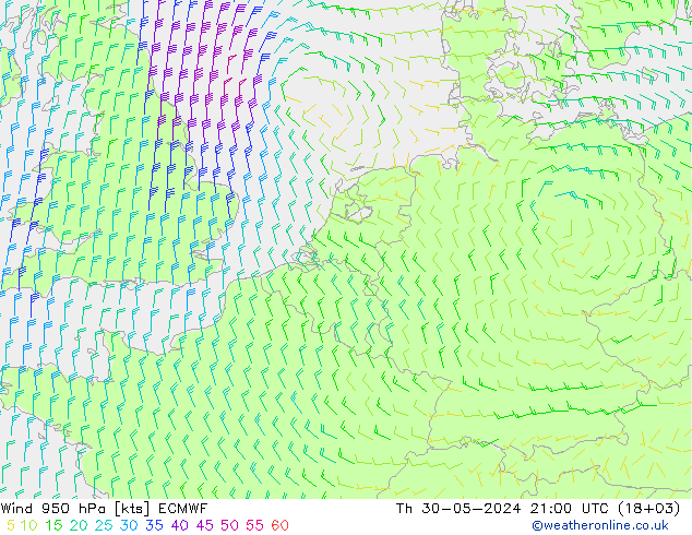 ветер 950 гПа ECMWF чт 30.05.2024 21 UTC