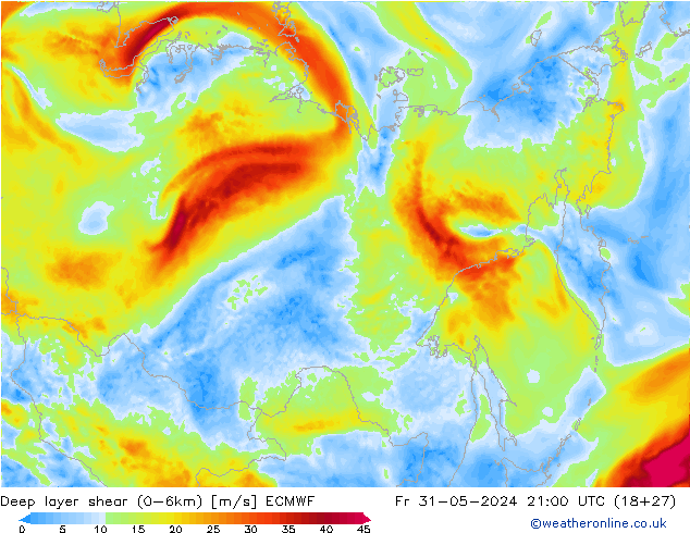 Deep layer shear (0-6km) ECMWF vie 31.05.2024 21 UTC