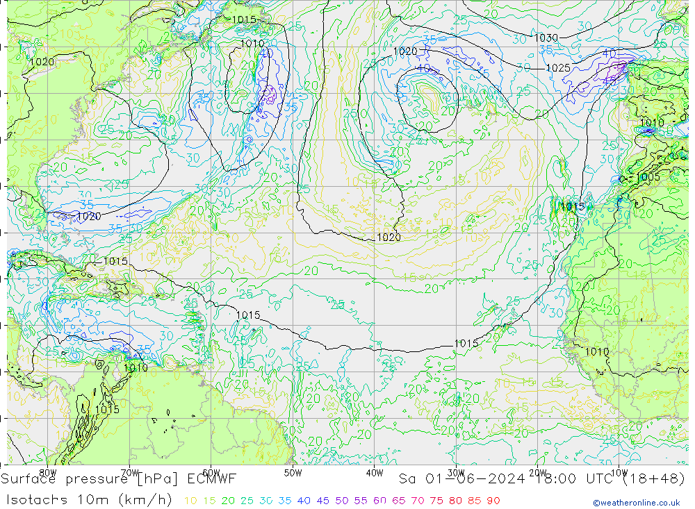 Isotachs (kph) ECMWF So 01.06.2024 18 UTC