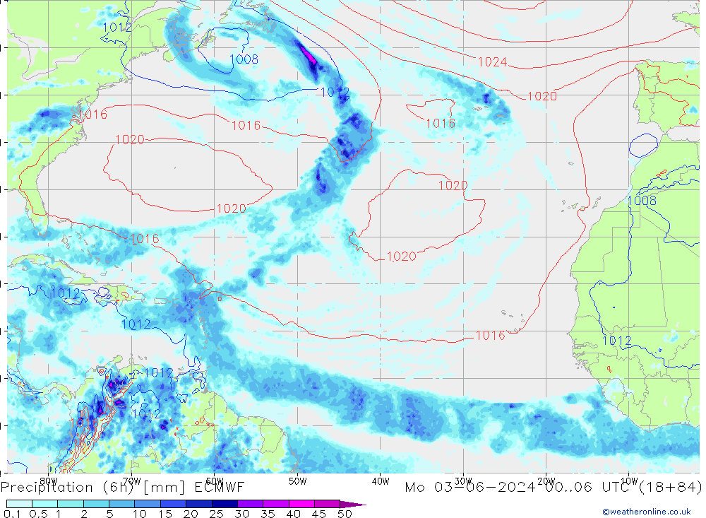 Precipitation (6h) ECMWF Mo 03.06.2024 06 UTC