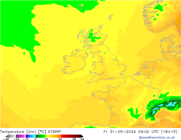 Temperature (2m) ECMWF Fr 31.05.2024 09 UTC