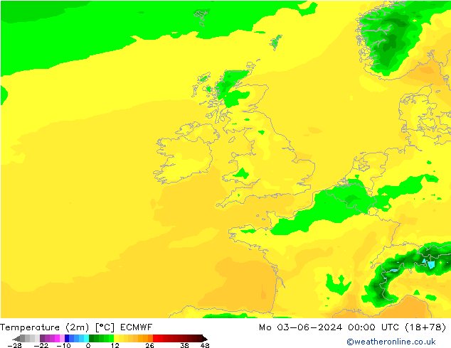 mapa temperatury (2m) ECMWF pon. 03.06.2024 00 UTC