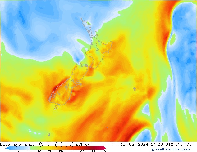 Deep layer shear (0-6km) ECMWF чт 30.05.2024 21 UTC