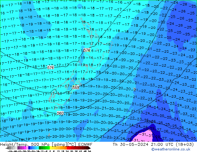 Height/Temp. 500 hPa ECMWF Čt 30.05.2024 21 UTC