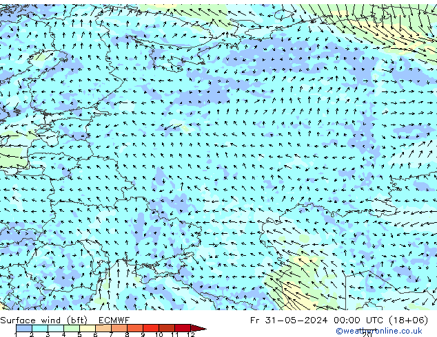 Surface wind (bft) ECMWF Pá 31.05.2024 00 UTC