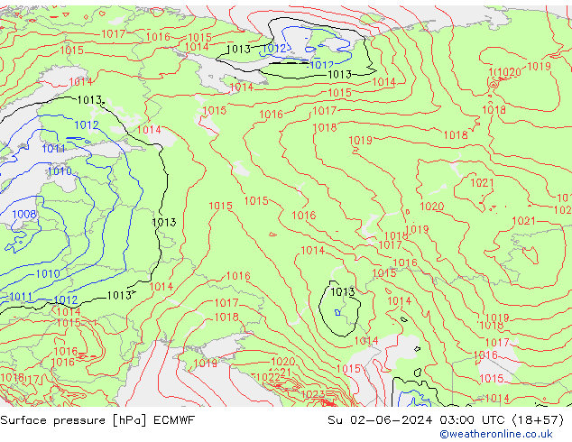 pressão do solo ECMWF Dom 02.06.2024 03 UTC