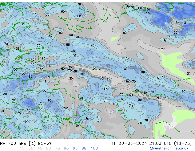 RH 700 hPa ECMWF Th 30.05.2024 21 UTC