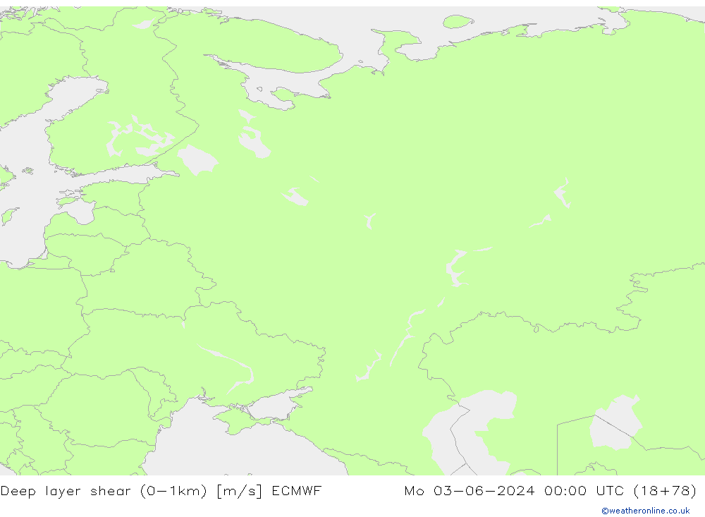 Deep layer shear (0-1km) ECMWF Mo 03.06.2024 00 UTC