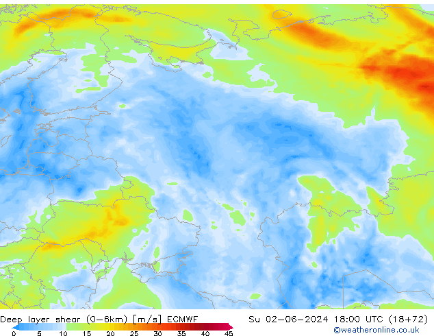 Deep layer shear (0-6km) ECMWF Su 02.06.2024 18 UTC