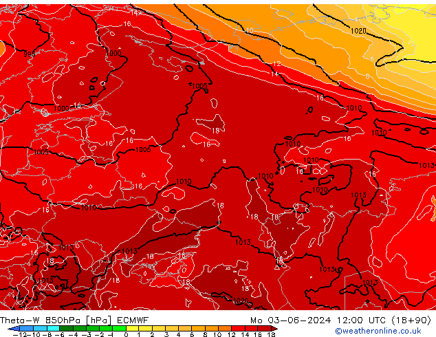 Theta-W 850гПа ECMWF пн 03.06.2024 12 UTC