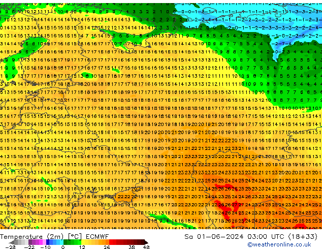 mapa temperatury (2m) ECMWF so. 01.06.2024 03 UTC