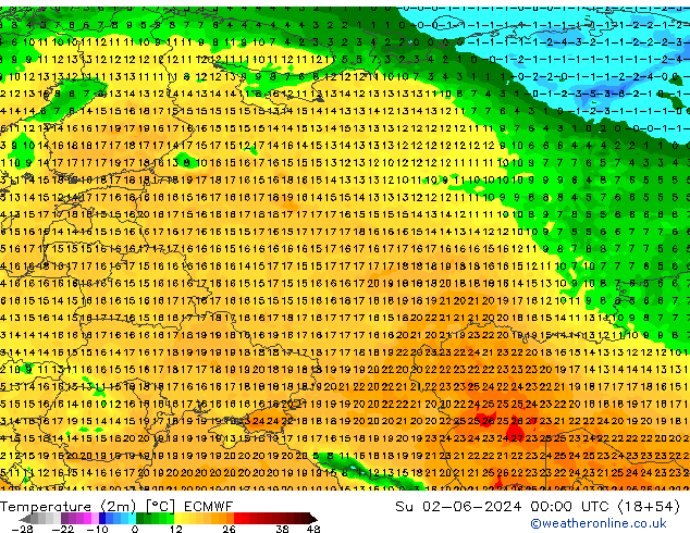 Temperature (2m) ECMWF Ne 02.06.2024 00 UTC