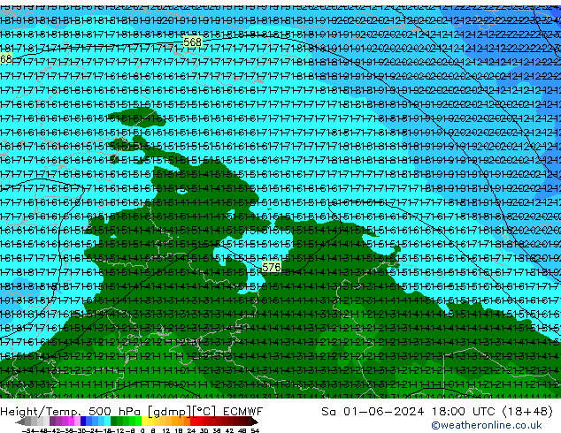 Height/Temp. 500 hPa ECMWF Sáb 01.06.2024 18 UTC