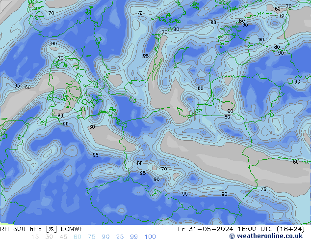 RH 300 hPa ECMWF Sex 31.05.2024 18 UTC