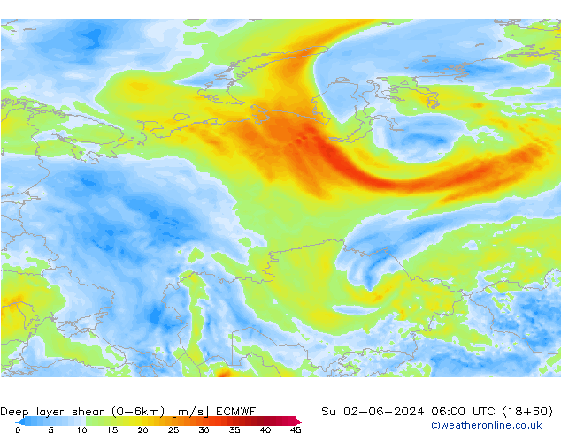 Deep layer shear (0-6km) ECMWF Su 02.06.2024 06 UTC