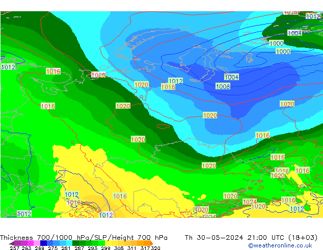 Thck 700-1000 hPa ECMWF czw. 30.05.2024 21 UTC