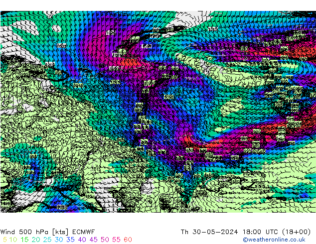 Wind 500 hPa ECMWF Do 30.05.2024 18 UTC