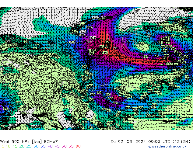 Wind 500 hPa ECMWF So 02.06.2024 00 UTC