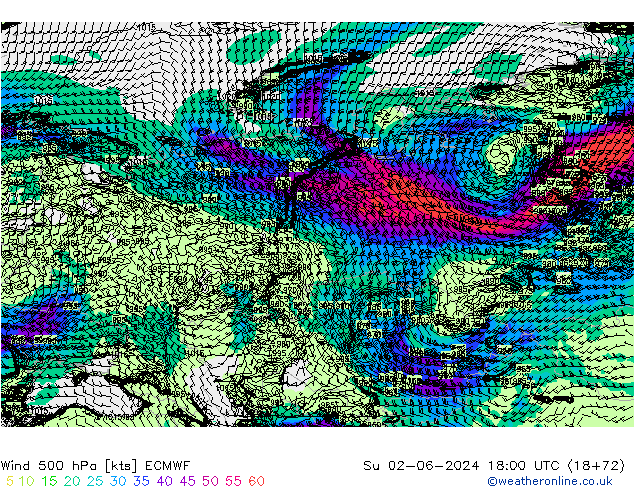 Vento 500 hPa ECMWF dom 02.06.2024 18 UTC