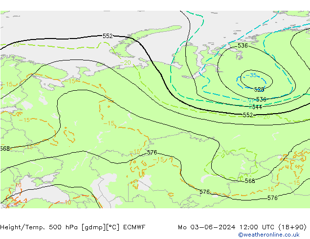 Hoogte/Temp. 500 hPa ECMWF ma 03.06.2024 12 UTC