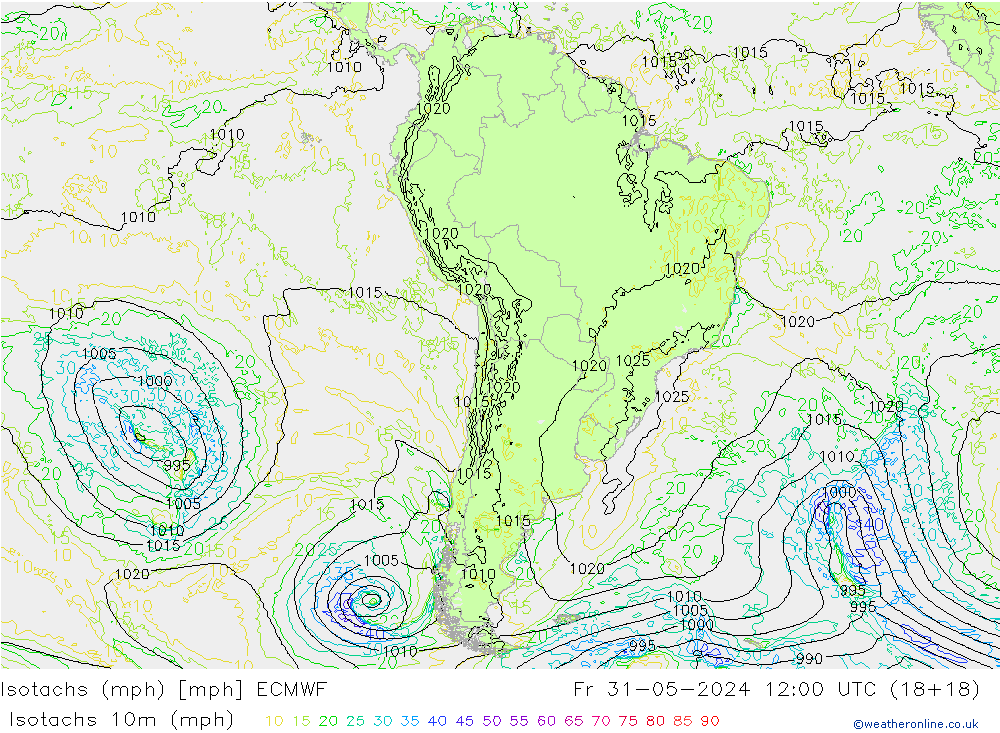 Isotachs (mph) ECMWF Sex 31.05.2024 12 UTC