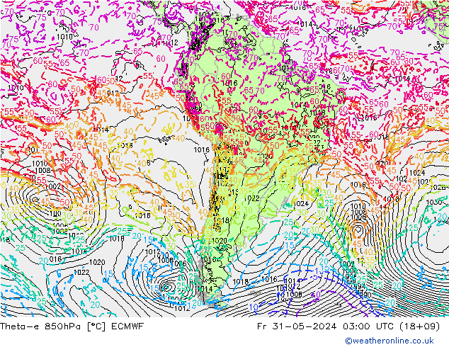 Theta-e 850hPa ECMWF Pá 31.05.2024 03 UTC